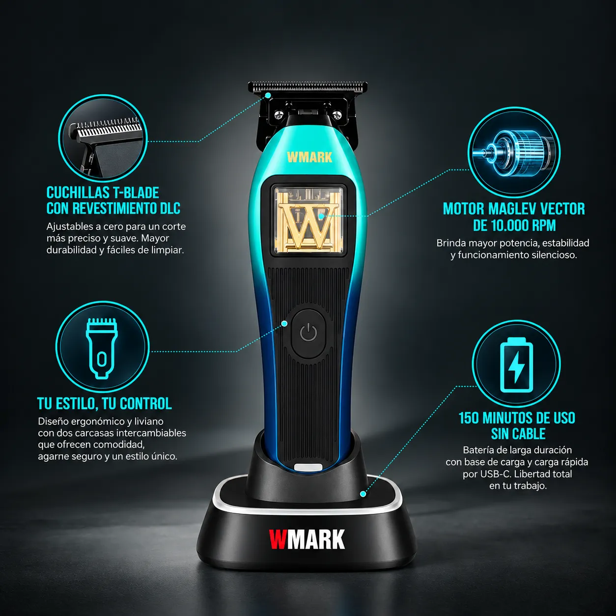 Máquina Trimmer Wmark NG-XT1 Polar 10.000 RPM – Patillera Profesional Inalámbrica con Cuchilla T 09